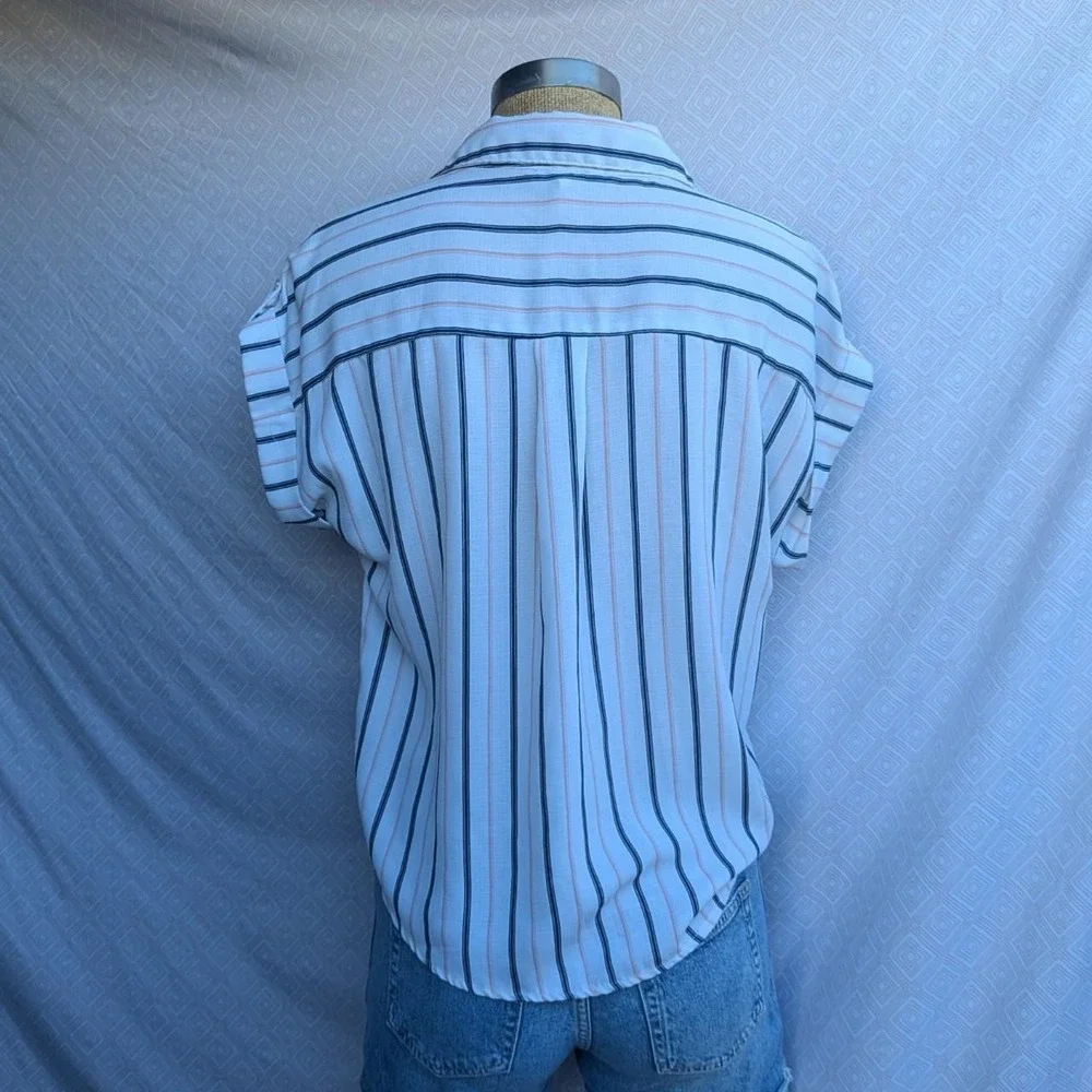 Iris Striped Button Up Blouse Womens White Excellent Tie Front Short Sleeve M